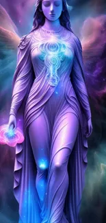 Celestial goddess in purple glow on cosmic fantasy background.