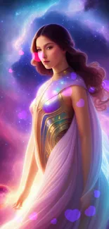 Mystical cosmic goddess with a vibrant galaxy backdrop, ethereal and enchanting.