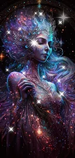 Mystical goddess with cosmic aura, stars illuminating her figure in enchanting design.