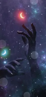 Mystical hands reaching for cosmic moons in a galaxy-themed wallpaper.