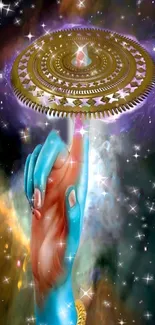 Cosmic hand holding a mystical disc with stars.