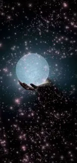 Hand holding a glowing sphere in a starry cosmic background.