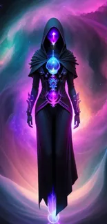 Mystical hooded figure in vibrant cosmic nebula background.