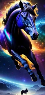 A mystical horse leaps through a vibrant cosmic galaxy.