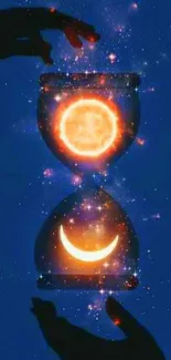 Cosmic hourglass with sun and moon, galaxy background.