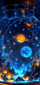 Cosmic jar with planets glowing in vibrant blue and orange hues.