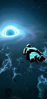 Illustration of a figure approaching a glowing black hole in space.