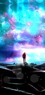 Person standing under vibrant cosmic nebula sky.