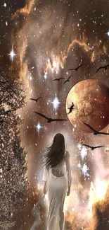 Woman in white gazing at a mystical, starry cosmic scene with planets.