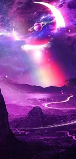 Mystical cosmic landscape with a purple sky and celestial bodies.