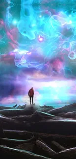 A lone figure stands under a vibrant cosmic sky.