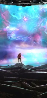 Mystical scene with a person under a cosmic nebula and spaceship.