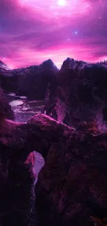 Mystical landscape with cosmic pink skies and rocky formations.