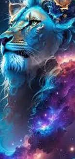 Mystical cosmic lion with vibrant galaxy hues.