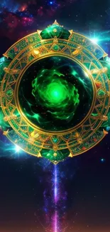 Green and gold cosmic mandala on a starry nebula background.