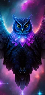 Cosmic owl glowing in a vibrant galaxy, wings spread wide in a starry nebula.