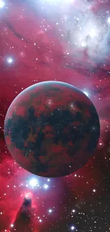 Mystical planet with starry nebula background.