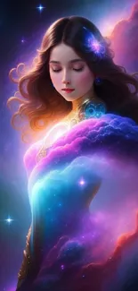 Fantasy cosmic wallpaper with serene figure in vibrant colors.