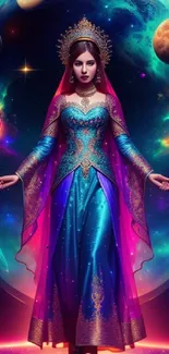 Mystical princess in vibrant cosmic background with planets.