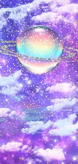 Cosmic wallpaper with purple clouds and holographic planet.