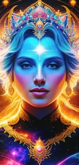 Digital art of a mystical cosmic queen with vibrant blue and gold colors.