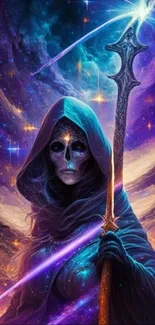 Mystical reaper in cosmic galaxy art with blue and purple hues.