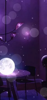 Mystical purple room with cosmic themes.