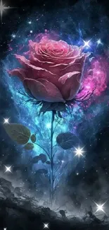 A mystical cosmic rose with vibrant colors set against a starry dark blue background.