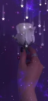 Hand holding a white rose in a starry purple cosmic scene.