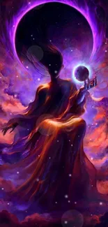 Mystical silhouette with cosmic and purple aura in fantasy artwork.