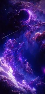 Vibrant cosmic wallpaper with purple celestial clouds and glowing stars.