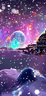 Mystical cosmic snowfall with a vibrant temple in the background.