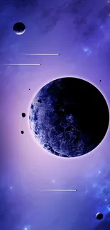 Mystical cosmic wallpaper with planets and stars in purples and blues.