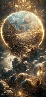 Mystical cosmic sphere with golden hues and clouds in a dark setting.