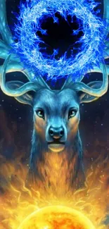 Mystical stag with glowing blue antlers and fiery background in cosmic setting.