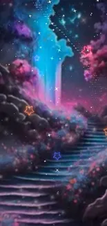 Mystical cosmic stairway with vibrant colored stars in fantasy landscape.