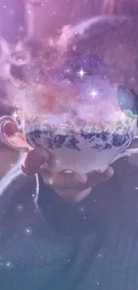 Mystical cosmic teacup with colorful nebula effect, enchanting fantasy design.