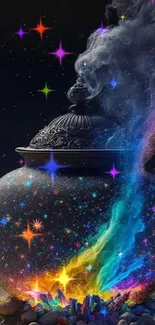 Mystical teapot with colorful cosmic scene and starry background.