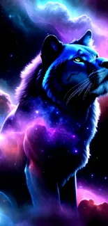 Mystical tiger in a vibrant cosmic nebula space background.