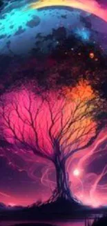 Mystical tree with vibrant nebula background.