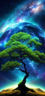 A vibrant cosmic tree under a galaxy, glowing with mystical blue hues.