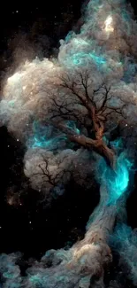 Mystical cosmic tree with turquoise glow on dark space background.