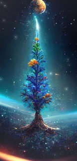 A luminous cosmic tree stands tall in the starry space background.