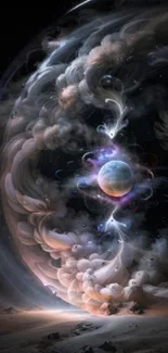 Mystical cosmic vortex with swirling clouds and celestial elements.