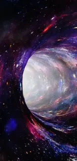 A cosmic vortex creating a tunnel effect in space with vibrant galaxy colors.