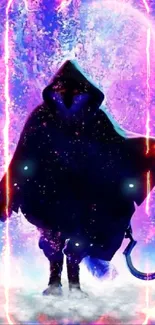 Mysterious cosmic figure under a purple nebula sky.