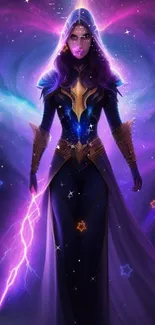 Mystical cosmic warrior with purple hues and starry background.