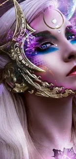 Mystical cosmic warrior with ornate golden mask and vibrant purple accents.