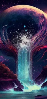 Mystical cosmic waterfall with vibrant colors and surreal elements.