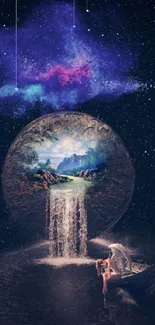 Mystical cosmic scene with a surreal waterfall and vibrant night sky.